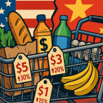 A half-empty grocery cart with inflated price tags sits at a checkout counter. In the background, U.S. and China flags split apart in bold red, white, and blue political cartoon style, symbolizing rising costs from tariff wars.