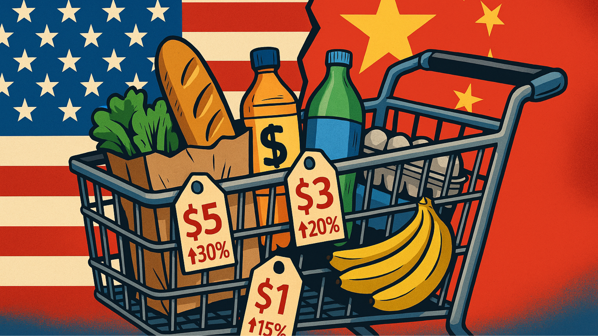 A half-empty grocery cart with inflated price tags sits at a checkout counter. In the background, U.S. and China flags split apart in bold red, white, and blue political cartoon style, symbolizing rising costs from tariff wars.