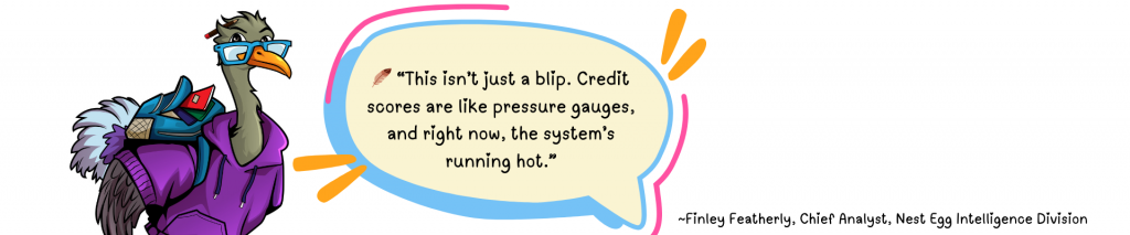 Pull quote from Finley Featherly, a studious teen owl character in a hoodie and glasses. Quote reads: “This isn’t just a blip. Credit scores are like pressure gauges, and right now, the system’s running hot.”