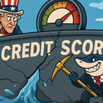 A political cartoon-style illustration shows Uncle Sam peering nervously over a cracking dam labeled “U.S. Credit Scores.” A large analog meter shows the national score in the red. Below the dam, a shark in a business suit, Shady Pay, smirks while chipping away with a gold pickaxe and holding a briefcase marked “FEES,” symbolizing mounting financial pressure on American households.