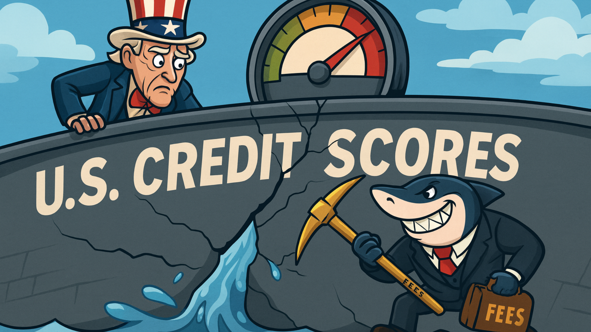 A political cartoon-style illustration shows Uncle Sam peering nervously over a cracking dam labeled “U.S. Credit Scores.” A large analog meter shows the national score in the red. Below the dam, a shark in a business suit, Shady Pay, smirks while chipping away with a gold pickaxe and holding a briefcase marked “FEES,” symbolizing mounting financial pressure on American households.