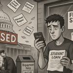 A political cartoon-style illustration shows a young borrower standing at a locked Federal Aid Office window with a “Repayment Help, OUT OF SERVICE” drop box nearby. They hold a crumpled student loan bill and a cell phone screen showing “1hr 42min wait…” in frustration. In the background, the U.S. Capitol stands with a giant red “CLOSED” sign draped over it as paperwork labeled “Loan Forgiveness App,” “Income-Based Repayment,” and “Hardship Request” rains from the sky. Uncle Sam naps on a pile of “Shutdown Budget Talks” folders with a coffee mug reading “Good Luck, Kid.”