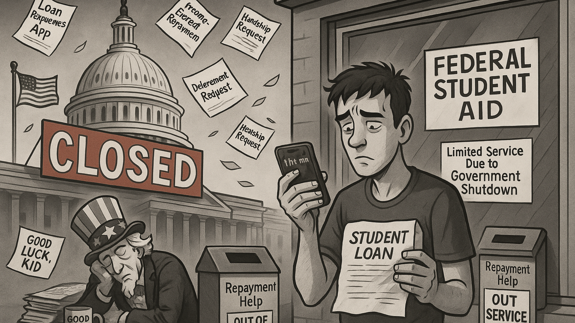 A political cartoon-style illustration shows a young borrower standing at a locked Federal Aid Office window with a “Repayment Help, OUT OF SERVICE” drop box nearby. They hold a crumpled student loan bill and a cell phone screen showing “1hr 42min wait…” in frustration. In the background, the U.S. Capitol stands with a giant red “CLOSED” sign draped over it as paperwork labeled “Loan Forgiveness App,” “Income-Based Repayment,” and “Hardship Request” rains from the sky. Uncle Sam naps on a pile of “Shutdown Budget Talks” folders with a coffee mug reading “Good Luck, Kid.”