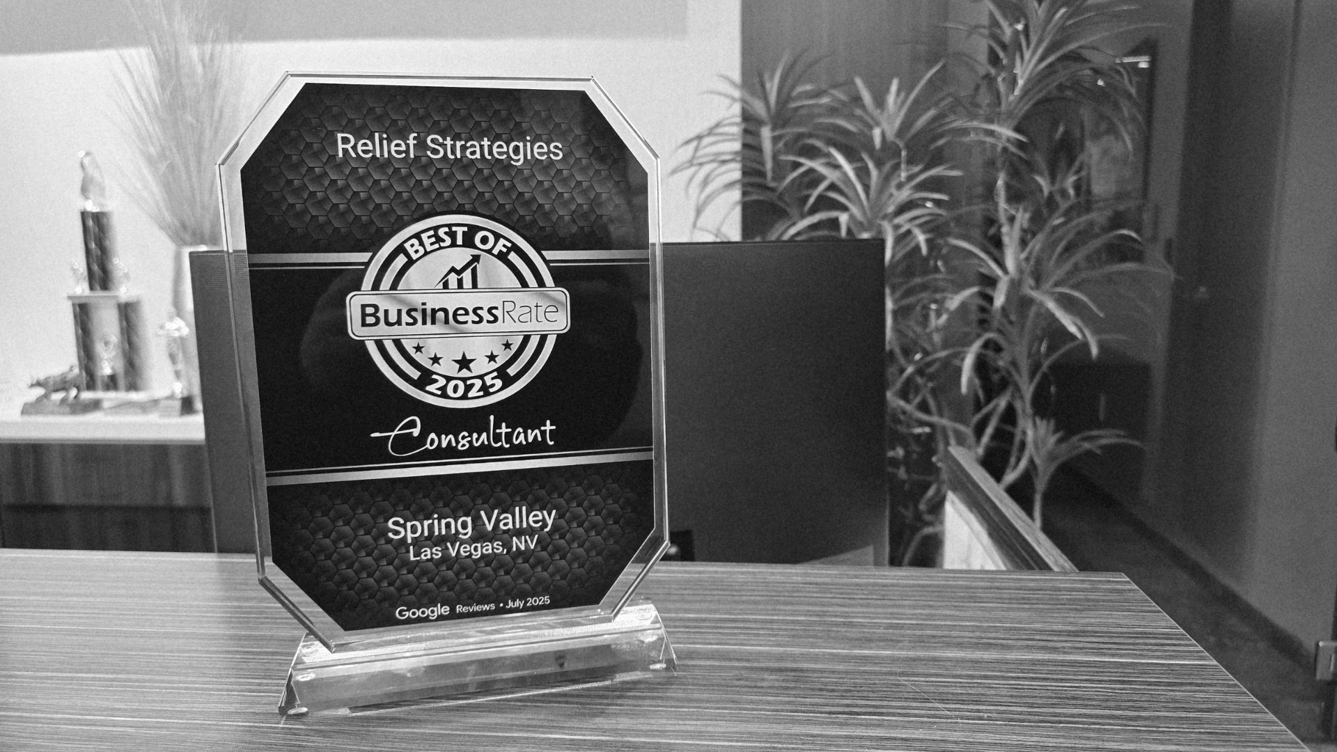 Relief Strategies BusinessRate Best Consultant 2025 award on a desk