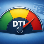 A modern illustration of a debt-to-income (DTI) gauge with green, yellow, and red zones. The needle points into the red “high risk” area. Faded icons in the background show major debt categories including a house, car, credit cards, and a graduation cap.