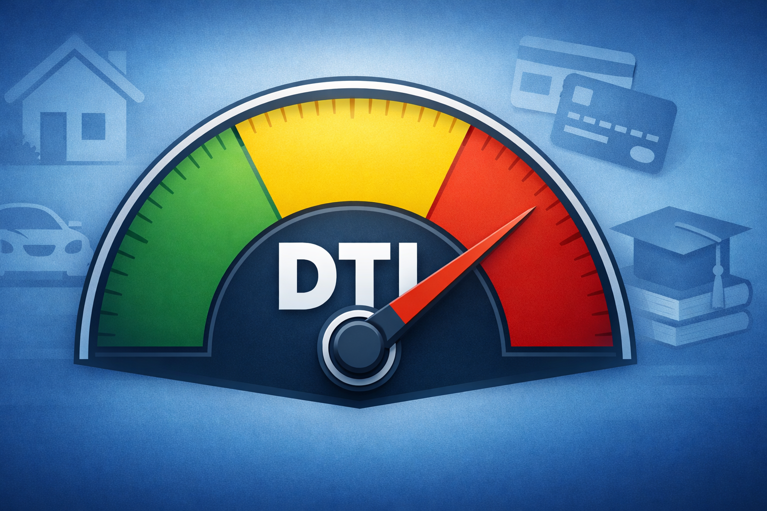 A modern illustration of a debt-to-income (DTI) gauge with green, yellow, and red zones. The needle points into the red “high risk” area. Faded icons in the background show major debt categories including a house, car, credit cards, and a graduation cap.