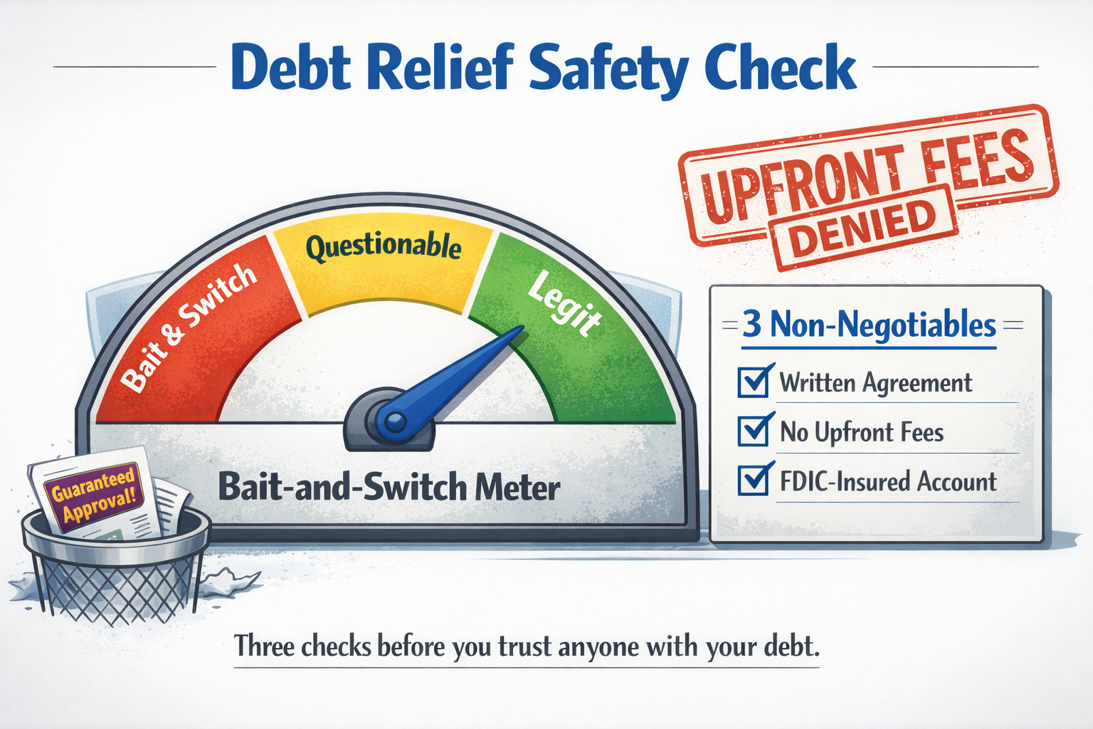Debt Relief Safety Check illustration featuring a Bait-and-Switch Meter with zones ranging from red (Bait & Switch) to yellow (Questionable) to green (Legit), with the needle pointing to Legit. Includes an 